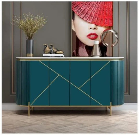 Modern Console Table With 4 Doors and Stainless Steel Frame, Teal Colour