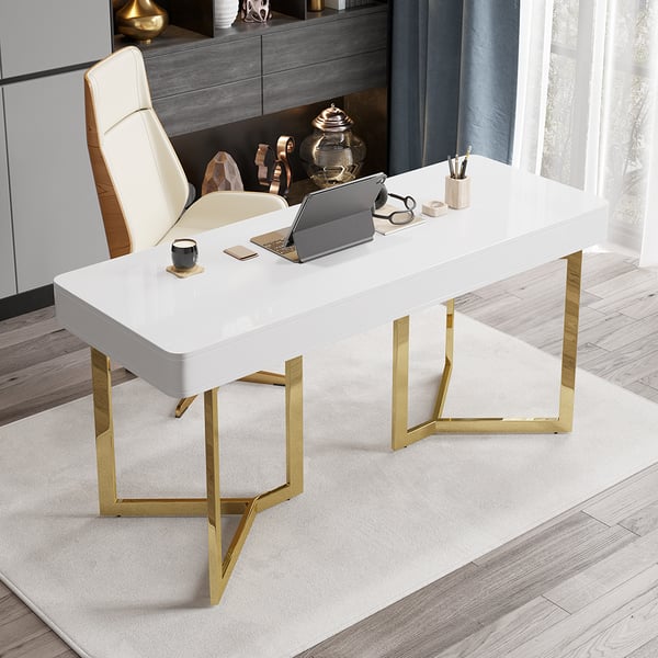 Office Table | Study Table In Gold  With Marble Top
