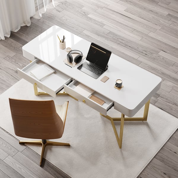 Office Table | Study Table In Gold  With Marble Top