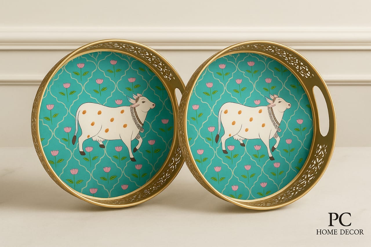 Serve With Style Exclusive Metal Enamel Cow Print Tray Green (10 sets combo)
