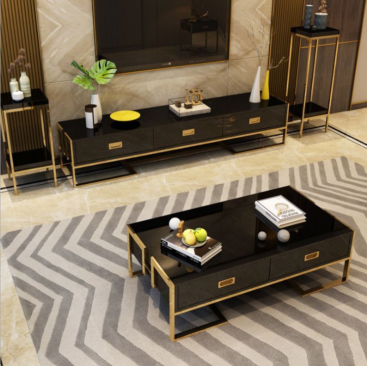 Stainless steel Exclusive Combo Offer Now Availble At Huge Discount TV Cabinet | TV Stand | TV Unit With Black Stone Top Large Storage With 2 Side Stool Gold Finish