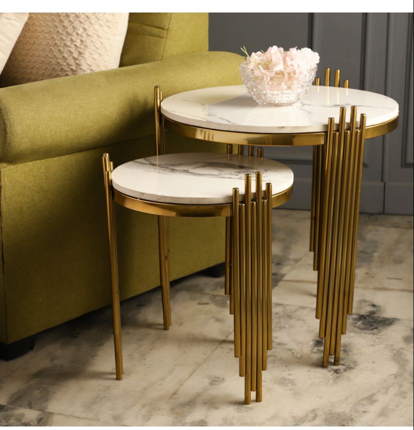 PVD Nesting Side Table With Marble Top Set of 2 PC HOME DECOR