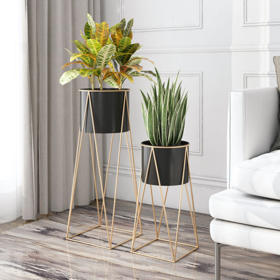 Planters for Indoor - Outdoor Plants & Modern Metal Floor Tall Plant Stand for Garden, Balcony & Living Room & with Pots Set of 2 Flower Pots (white)