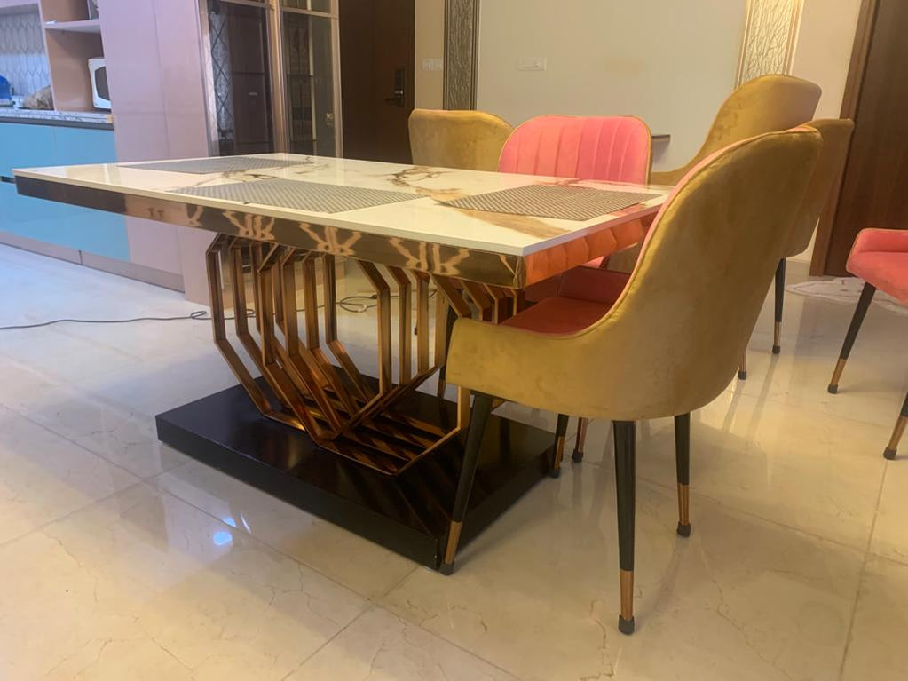 6 Seater Dining Table with White Nano Marble Top