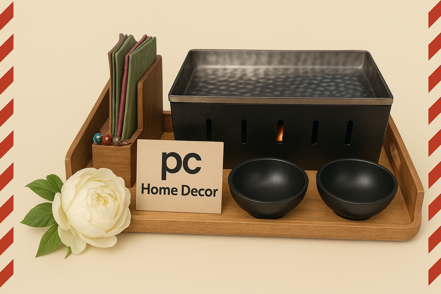 Rectangular Warmer Platter With Tissue Holder and Dip Bowls for chutney