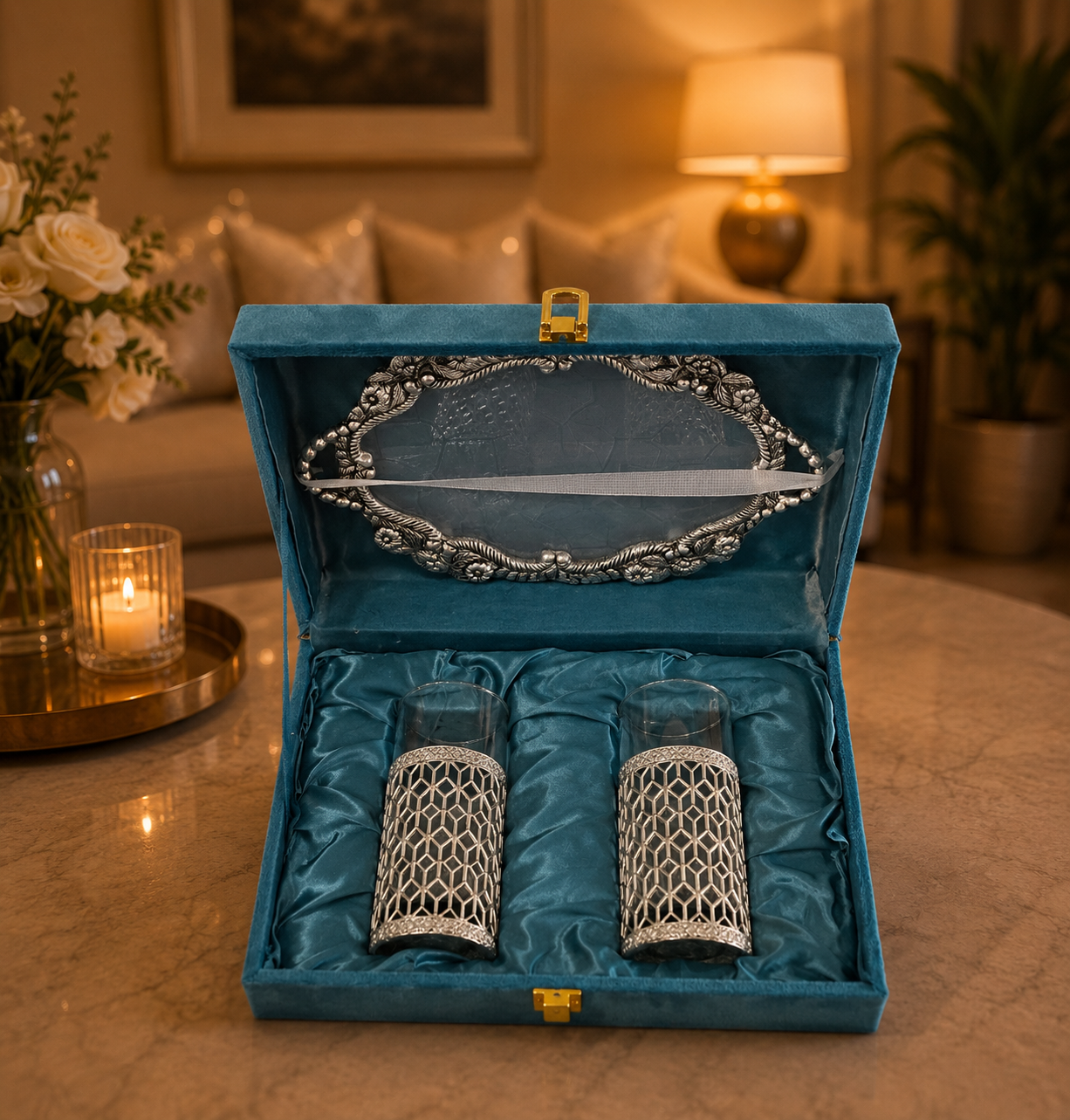 Luxury Silver Glass Set with Designer Tray