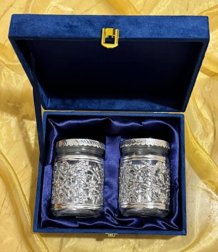German Silver Floral Storage Jar Gift Set with Premium Velvet Box | Set of 2 Jar | Luxury Return Gift | 50 Box Set