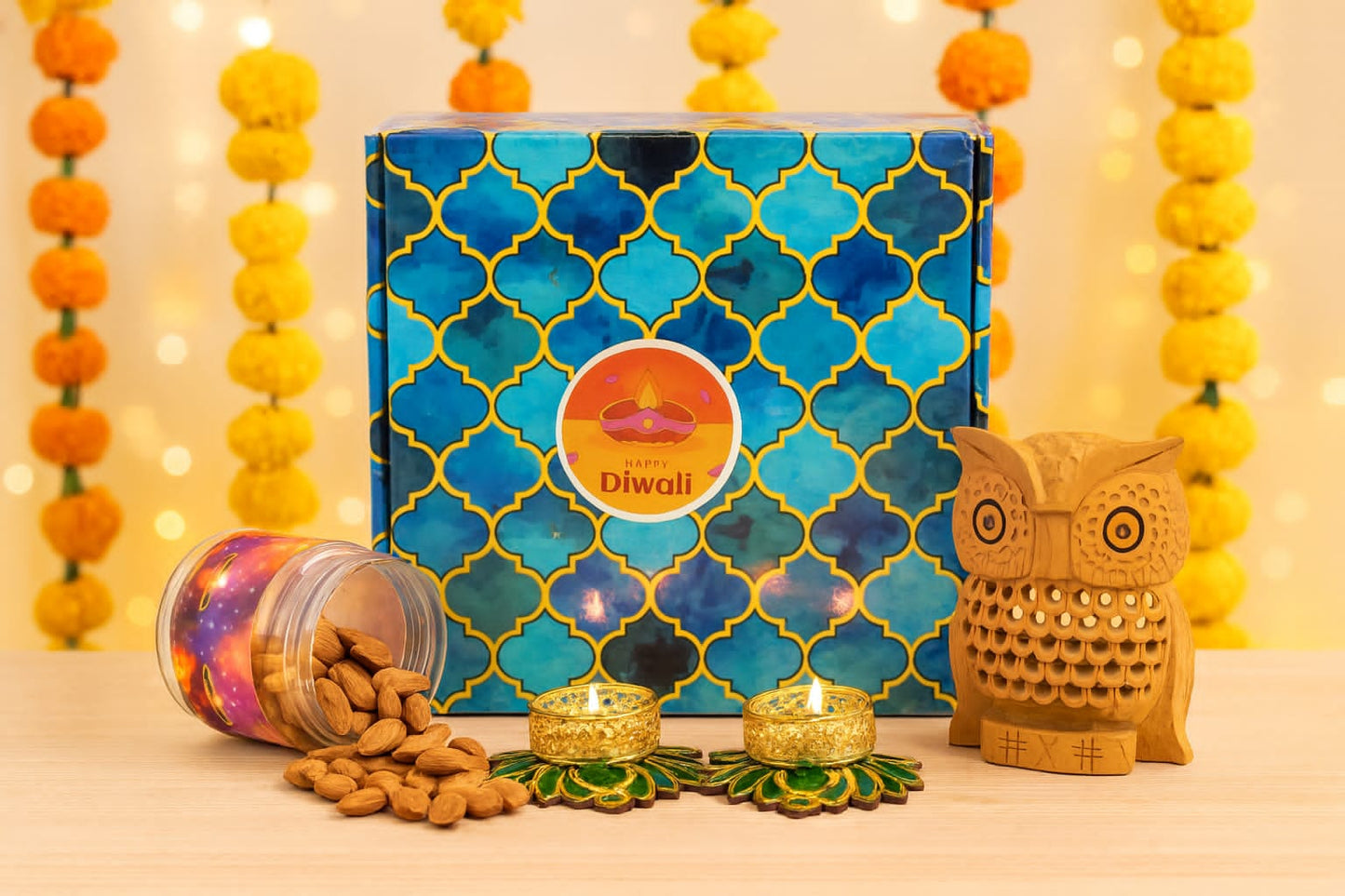 Festive Gift Box with Wooden Owl, Almond Jar & Decorative Tealights