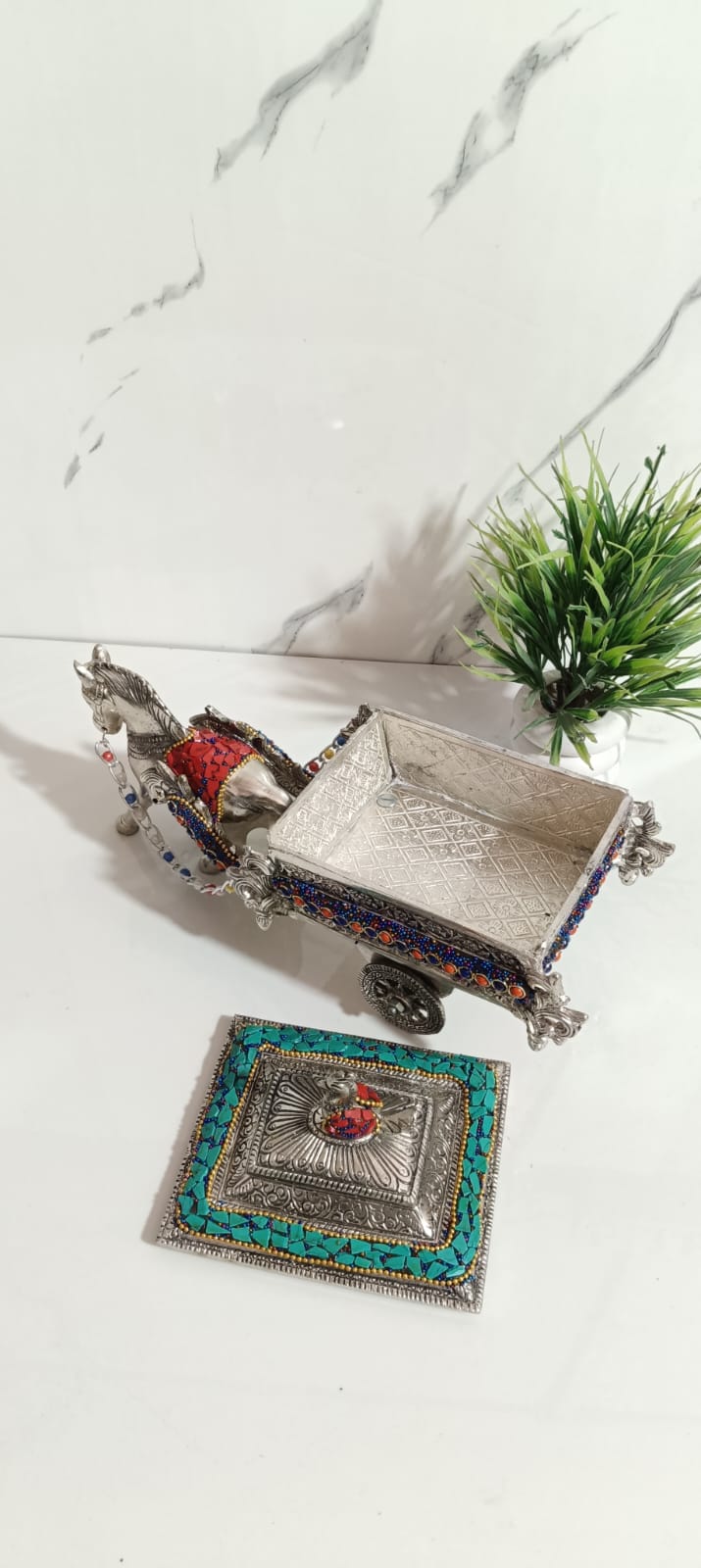 German Silver Horse Cart With Stone Art