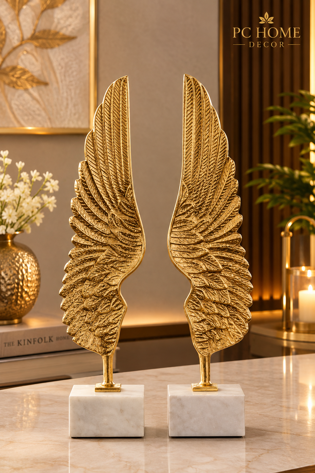 Elegant Golden Angel Wings Decorative Showpiece – Set of 2
