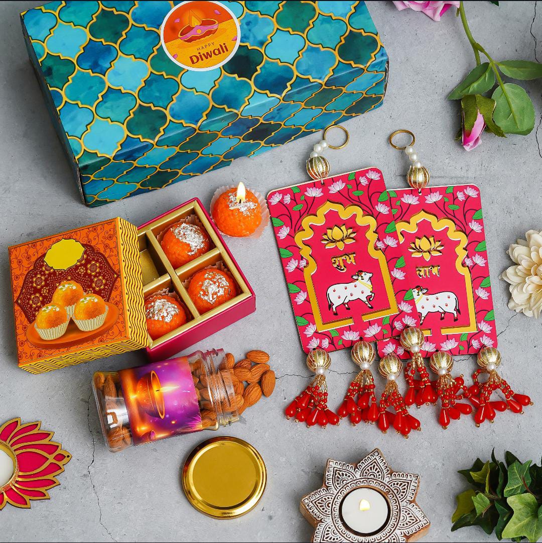 Festive Gift Set with Almonds, Ladoo Candles & Shubh Labh Hangings