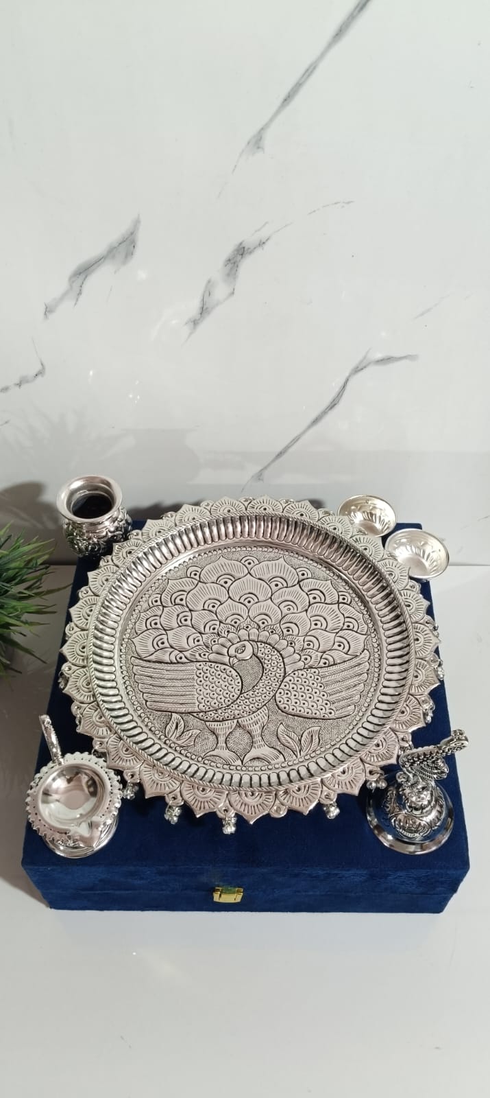 Handmade Peacock Carving Heavy-Gauge Pooja Thali