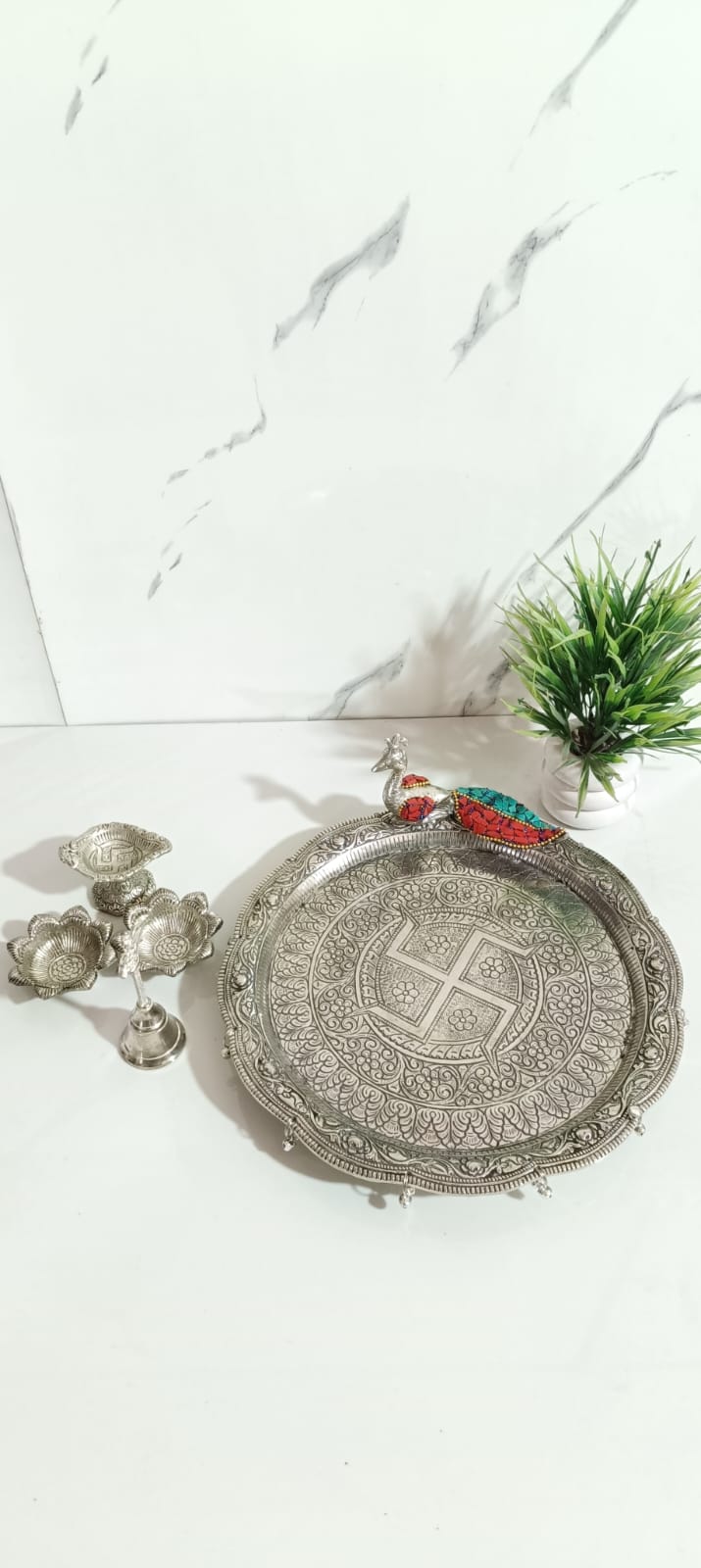 German Silver Pooja Thali With Peacock