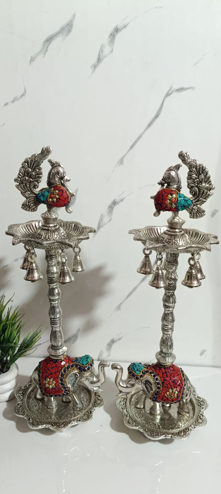 German Silver Elephant Samai Diya Pair With Hanging Bell