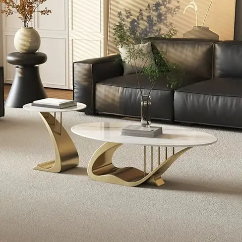 Modern Nesting Coffee Table Set – White Marble Top with Gold Base