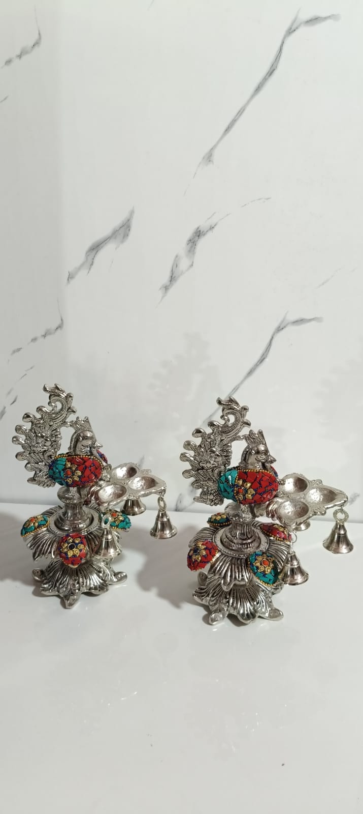 German Silver Trimukh Peacock Diya Samai pair
