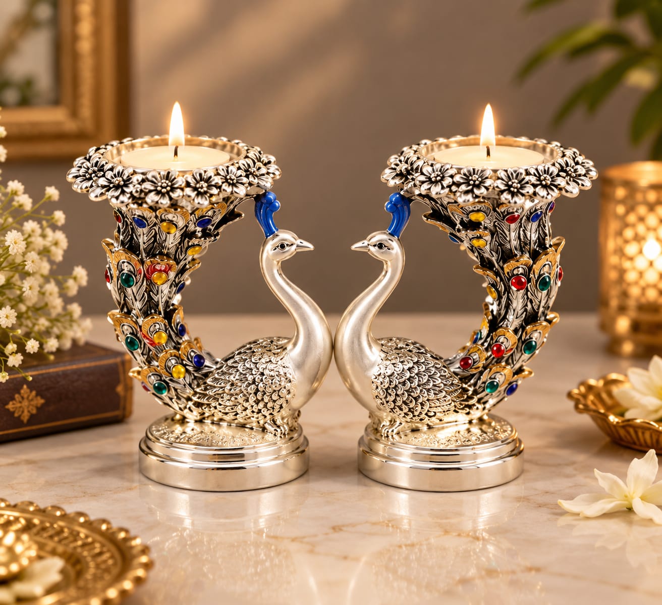 Elegant Silver Plated Peacock Tlight Holders