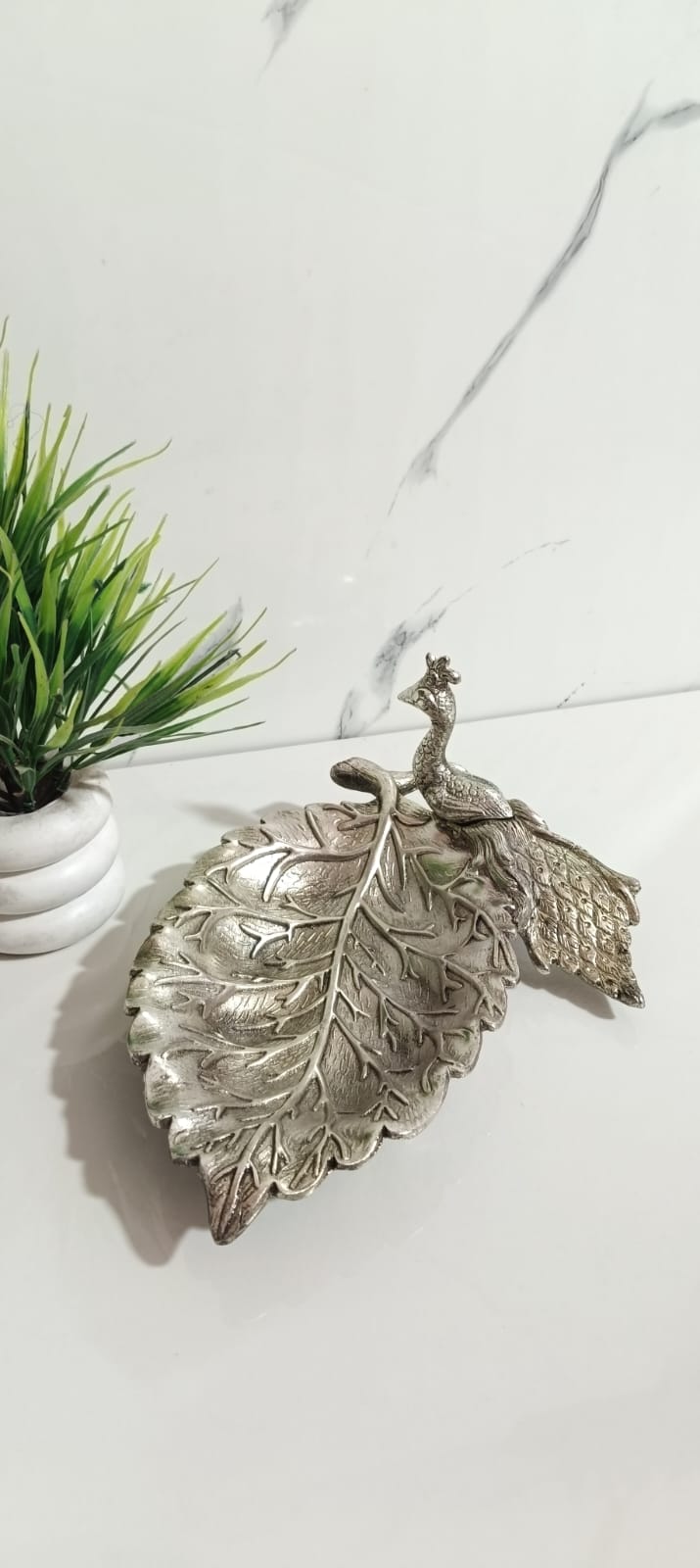 German Silver Leaf Platter With Adjustable Peacock,(Set of 2Pcs)