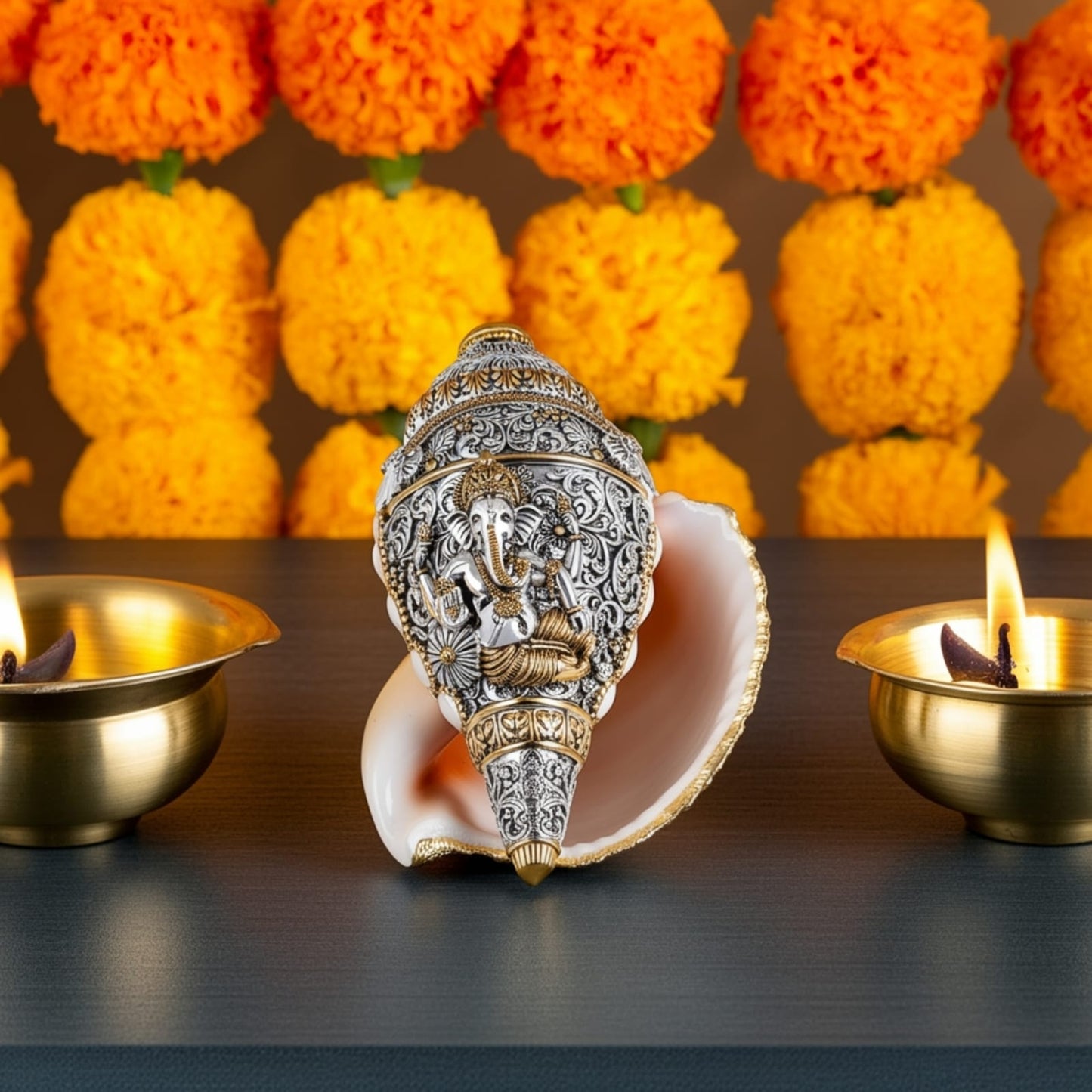 Silver-Gold plated Ganesh Shankh (Conch) With Gift Box packing