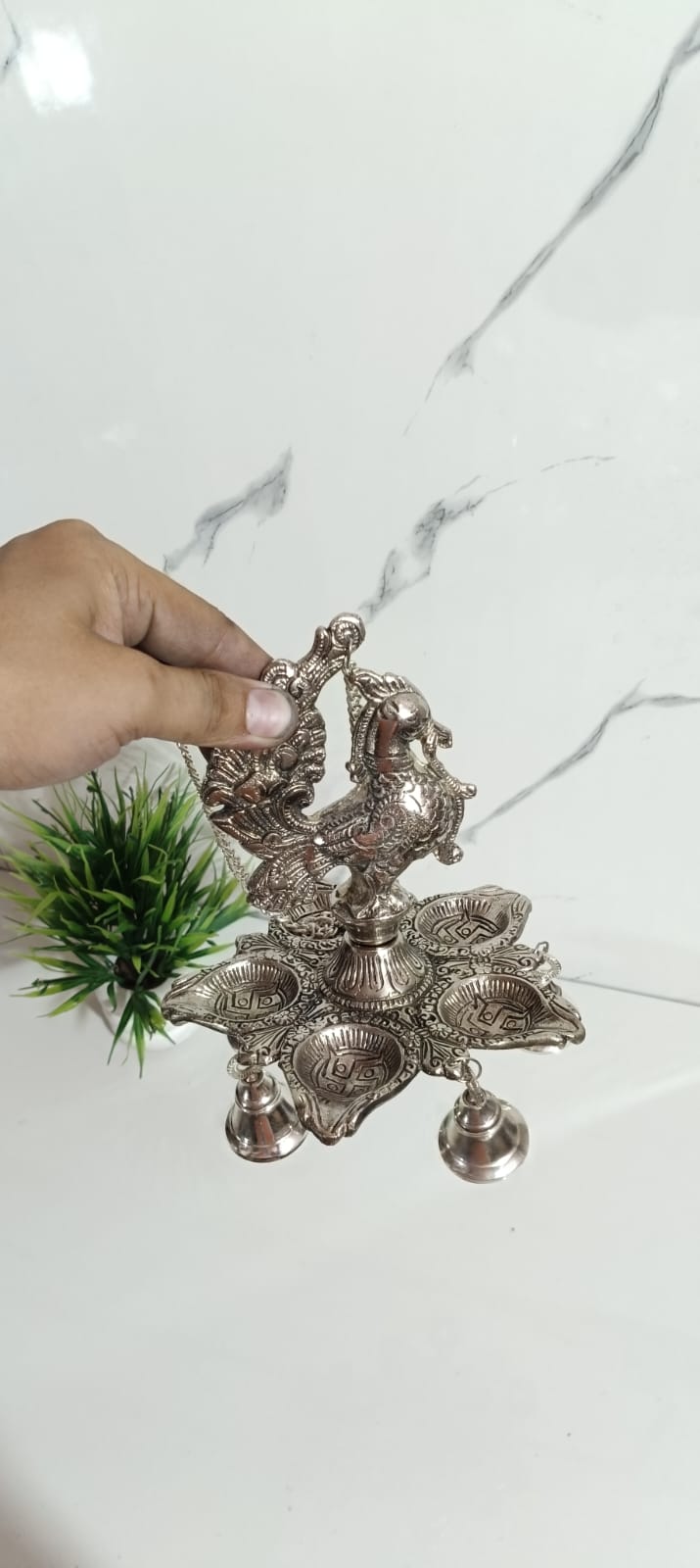 German Silver Peacock Panch Batti Diya with Chain Hanging , Set of 2 Pcs