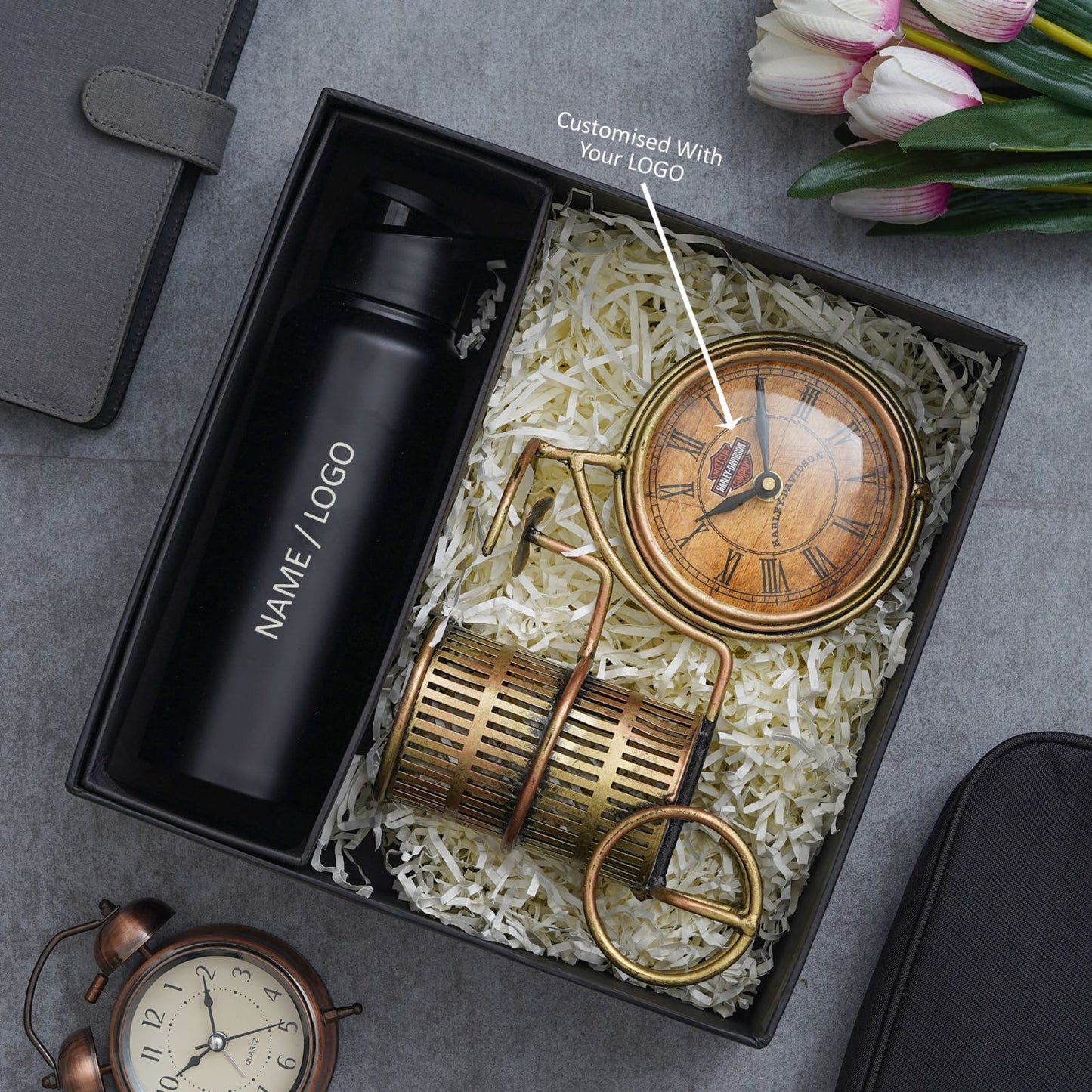 Premium Gift Set with Cycle Clock Pen Stand & 750ml Steel Bottle (Customisable)