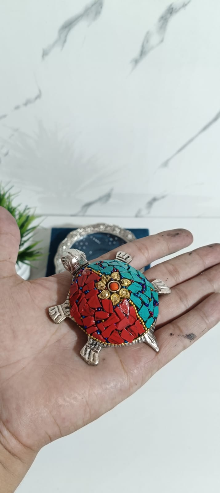 German Silver Turtle Plate with Stone Art (Set of 10 Pcs)