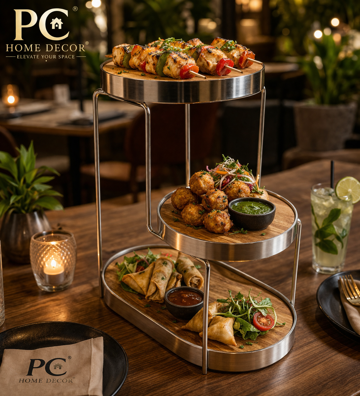 Stainless Steel & Wooden Elevation Stand (12×6×12 Inches) – Premium Multi-Tier Serving Display
