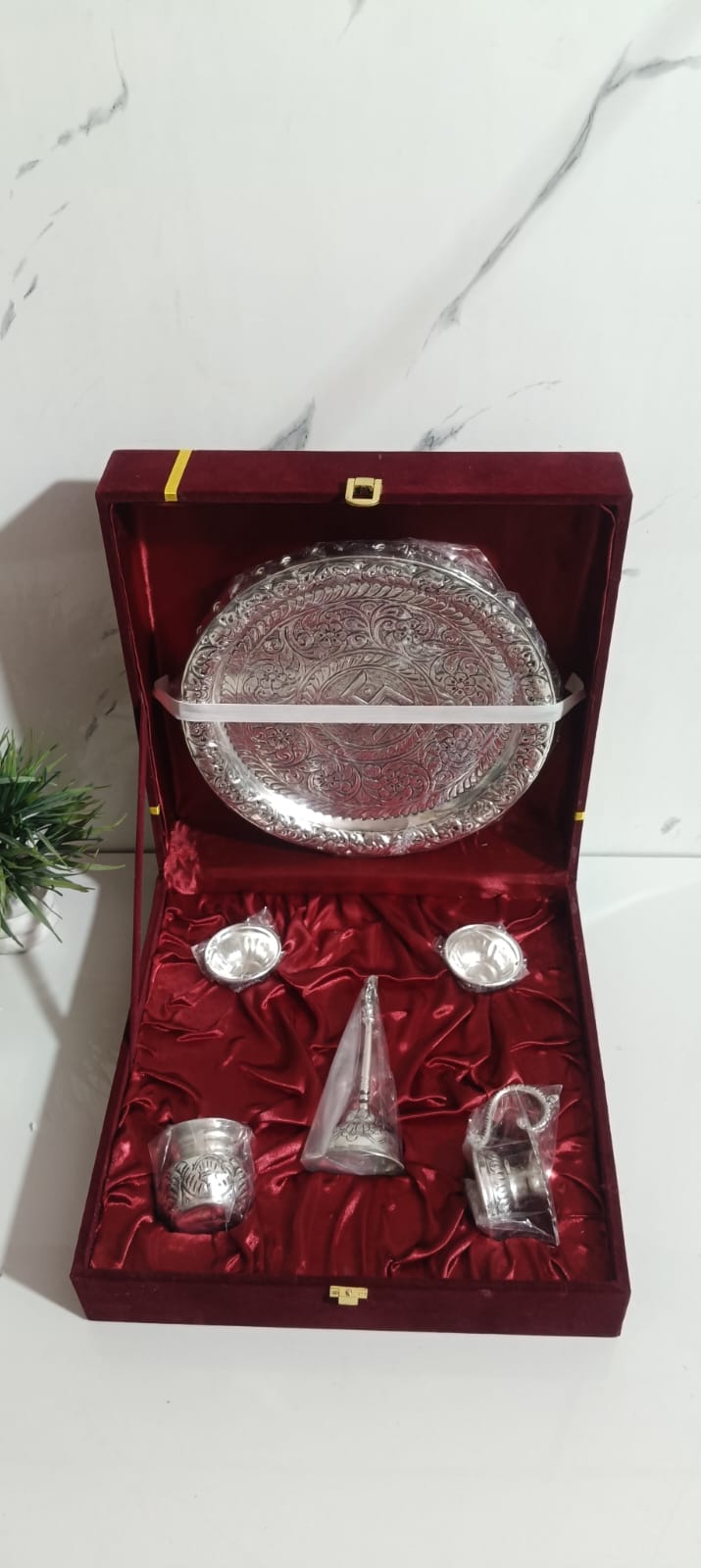 German Silver Pooja Thali Ghungroo pattern