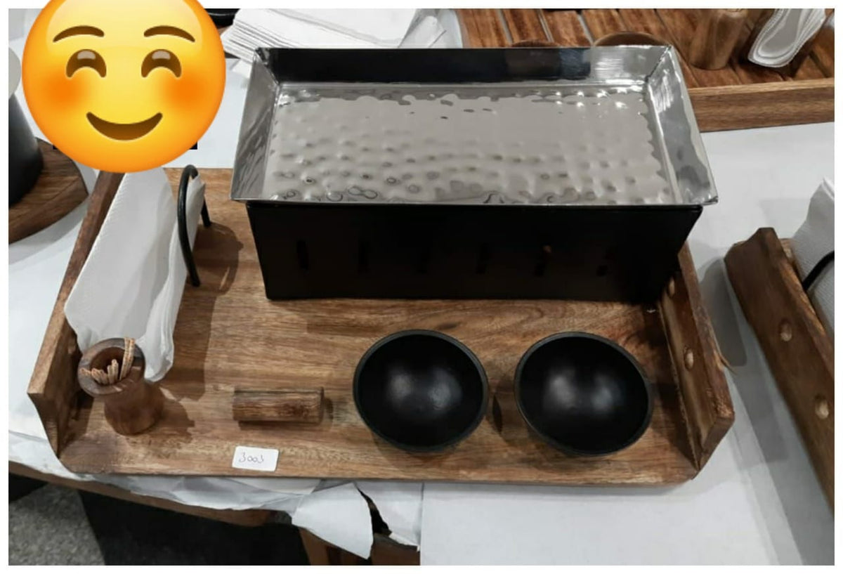 Rectangular Warmer Platter With Tissue Holder and Dip Bowls for chutney