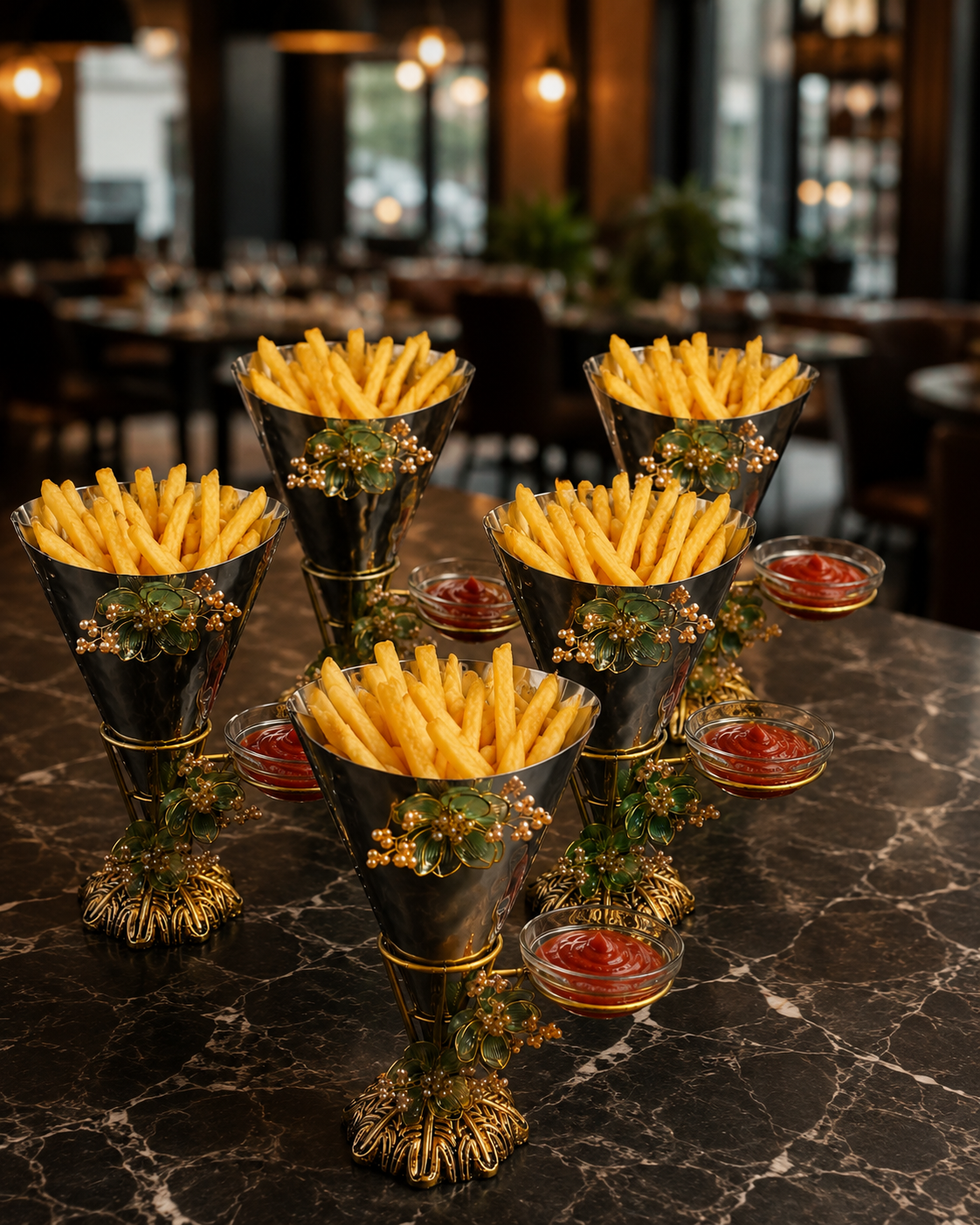 Luxury Designer Fries Serving Stand with Dip Bowl Holder( Set of 6pcs )