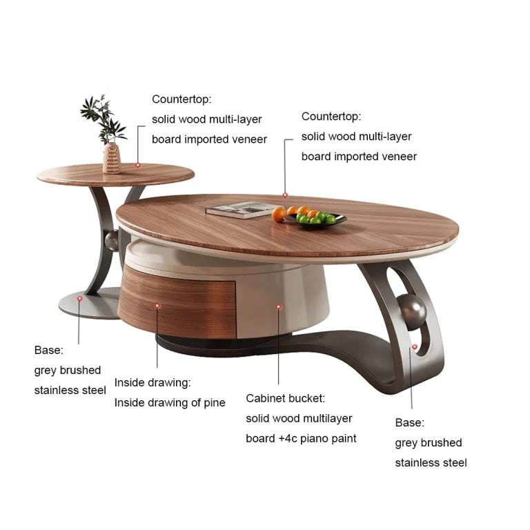 Modern Walnut & Stainless Steel Coffee Table Set (2-Piece)