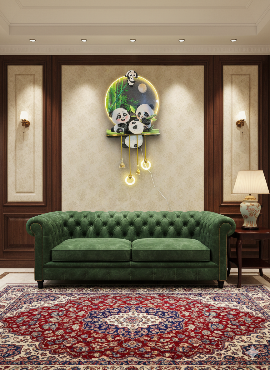 Panda Bliss Metal Wall Art with LED & Hanging Lights (120×60cms)