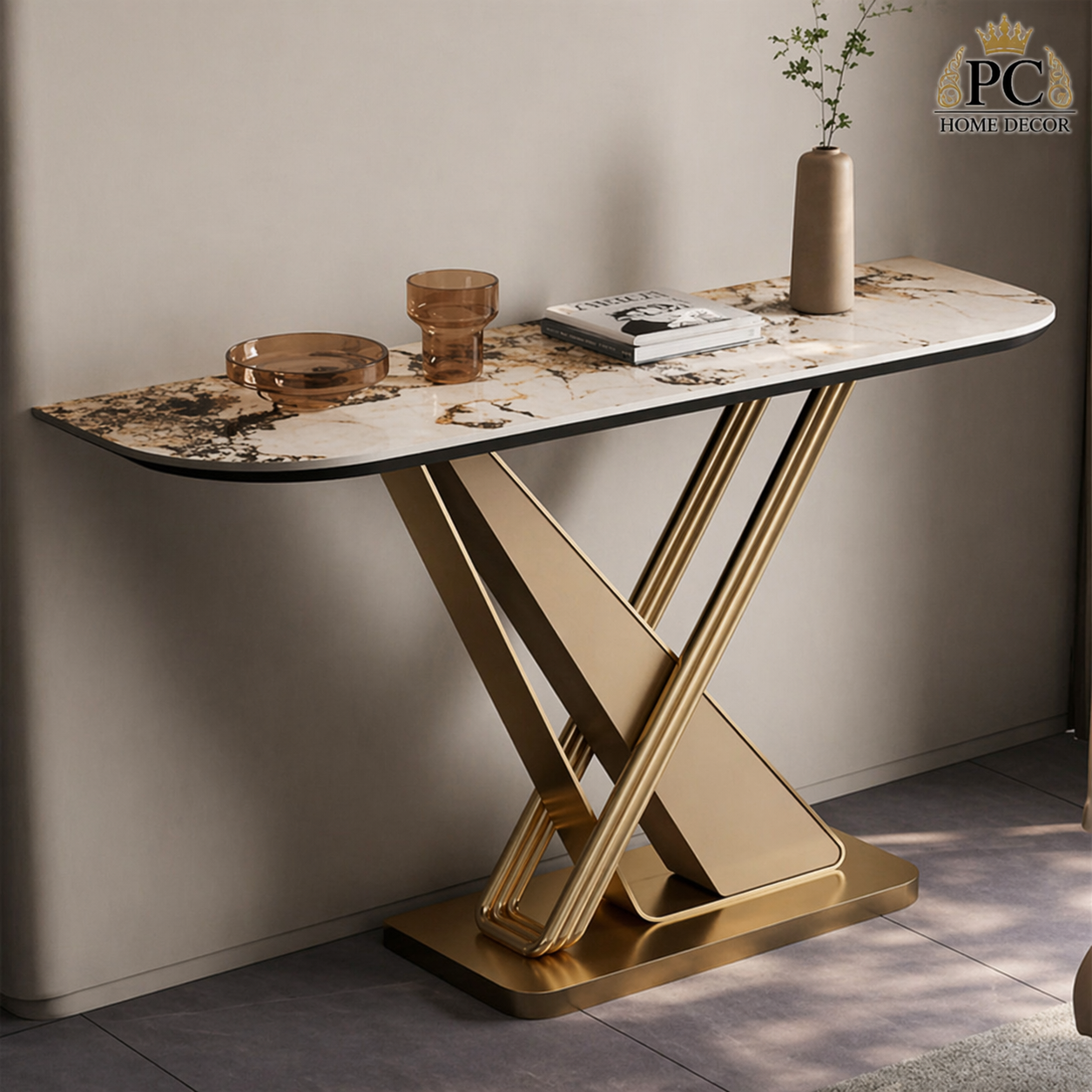 Modern Cross-Leg Gold Console Table with Italian Marble Top
