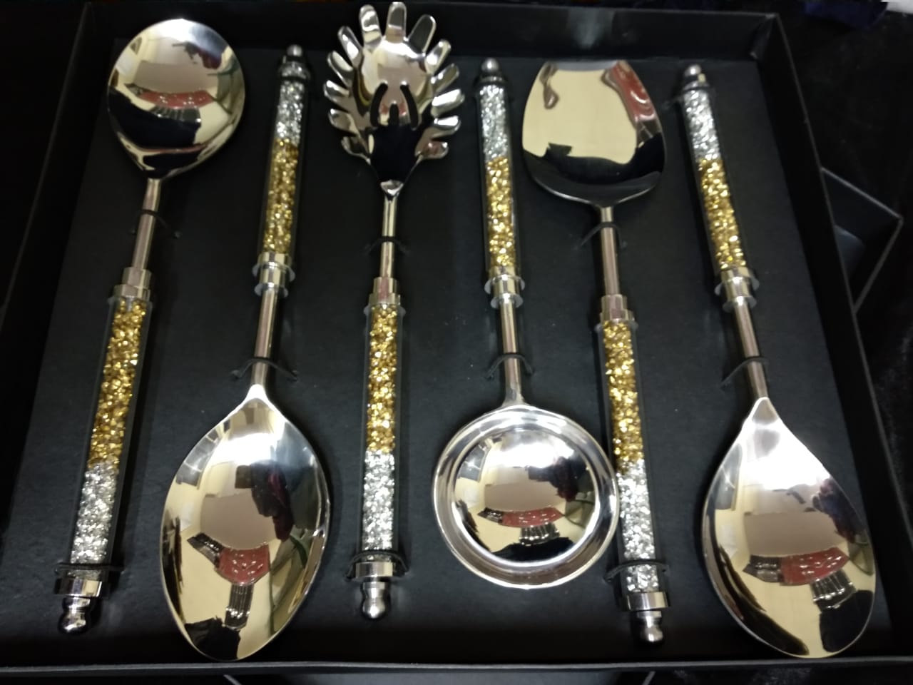 Emboss Aluminum Handle Silver/Golden Crystal Serving Spoons