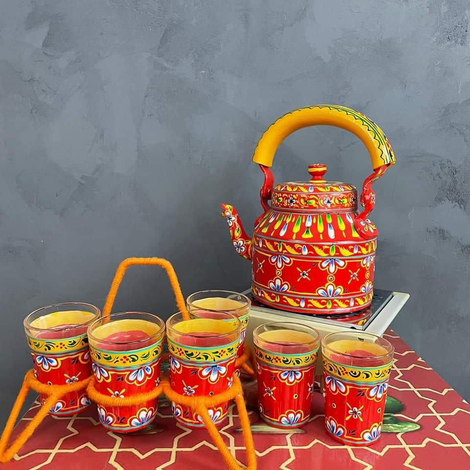 PC Home Decor | Hand Painted Indian Tea Kettle Set with 6 Glasses, Orange and Yellow
