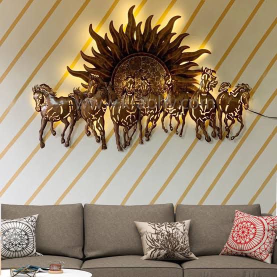 Running Seven Horse With Surya Wall Decor | Metallic 7 Horses Wall Decor With LED Light