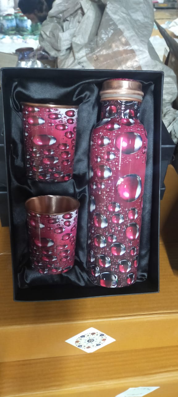 3 Piece Handpainted Copper Water Bottle and Glasses Set, Purple