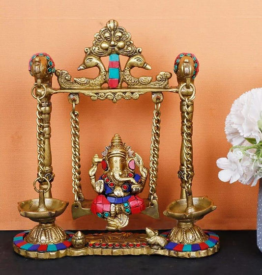 Brass Ganeshji Jhula With Hanging Lamp in Stone Work