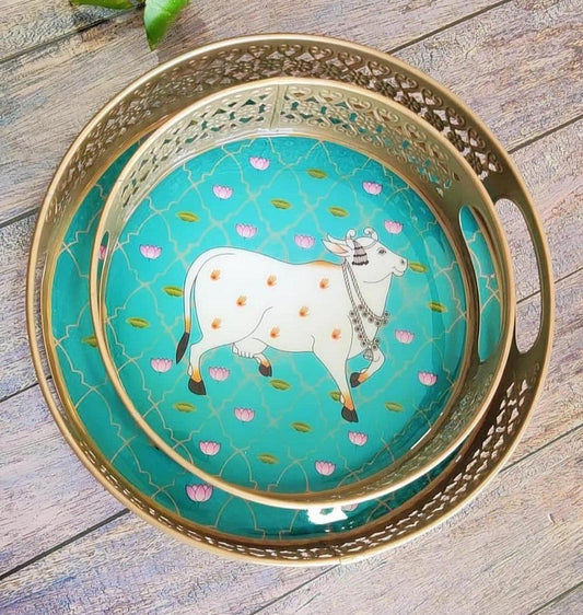 Serve With Style Exclusive Metal Enamel Cow Print Tray Blue (10 sets)
