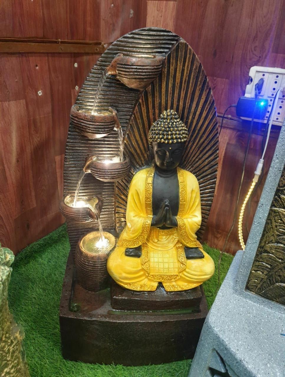 PC Home Decor | Fibre Buddha Fountain with Robe, Yellow and Brown