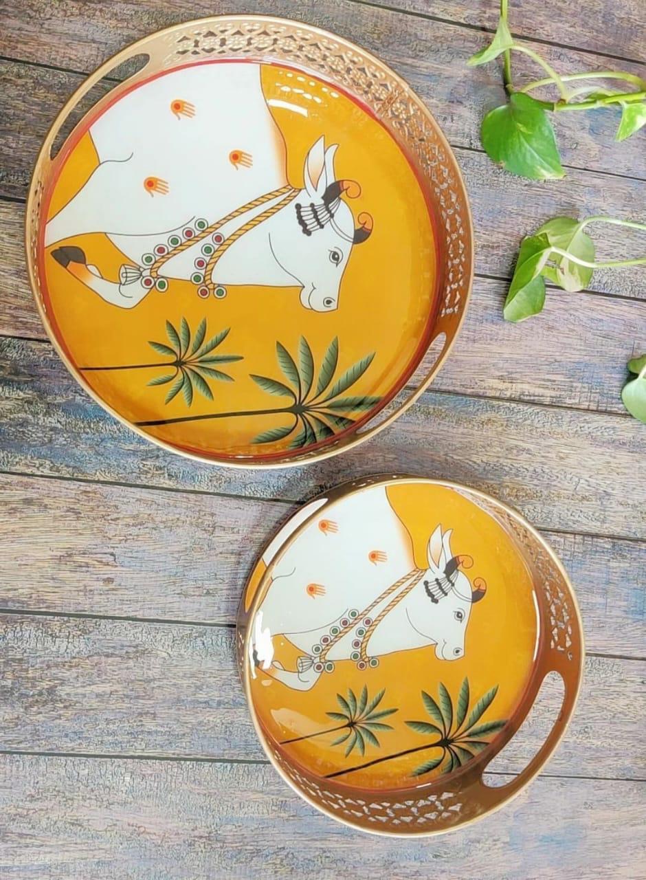 Serve With Style Exclusive Metal Enamel Cow Print Tray Yellow (10 sets combo)
