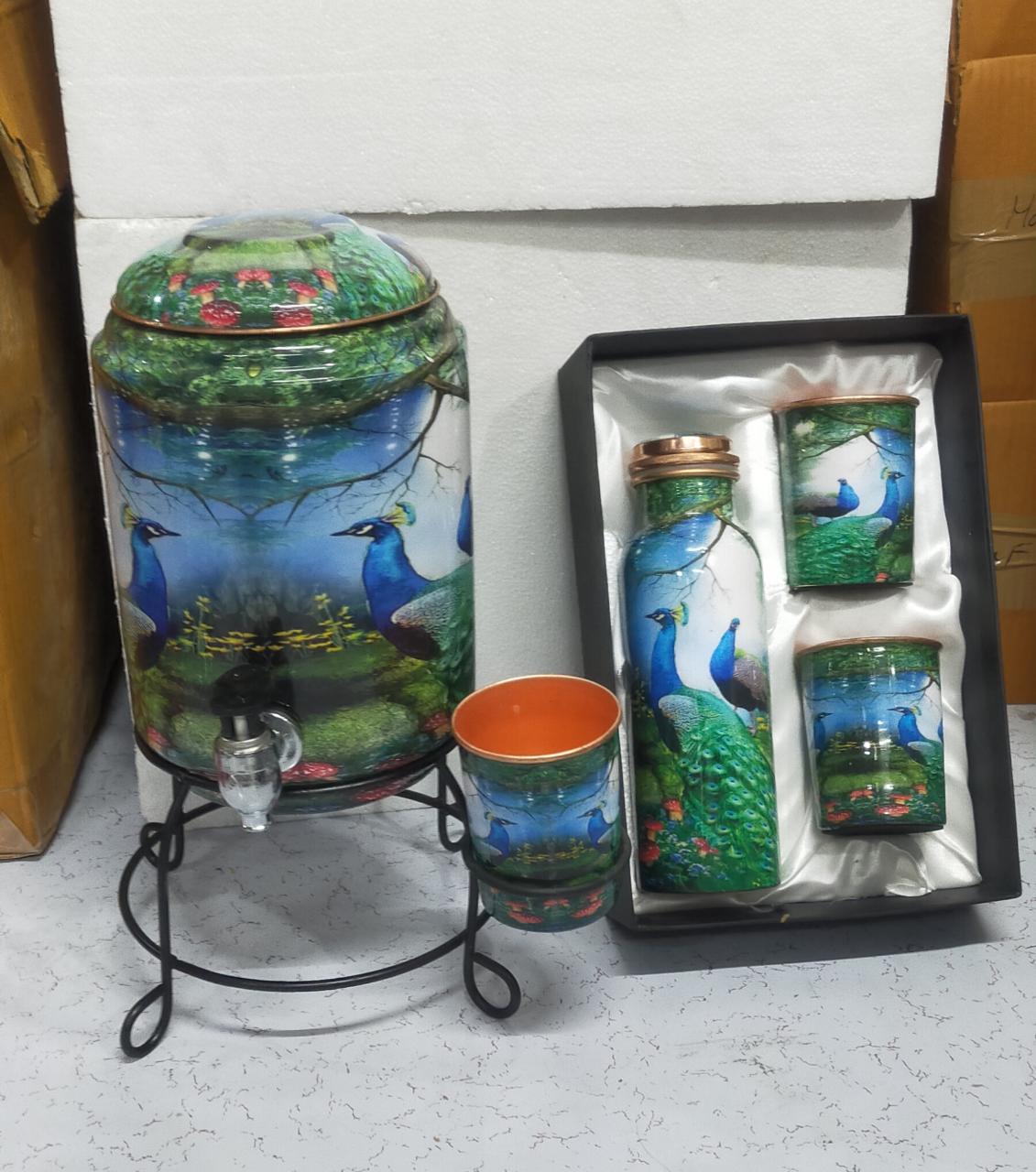Set of 6 Handpainted Copper Water Tank and Bottle Set, White and Green
