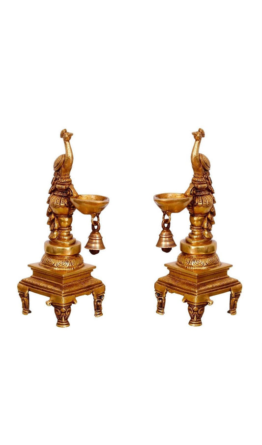 Pair Of Brass Peacock Lamps With Hanging Bell
