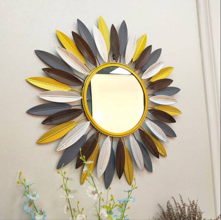 PC Home Decor | Large Feathered Circular Mirror Design Wall Decor, Yellow, Grey ,White and Brown