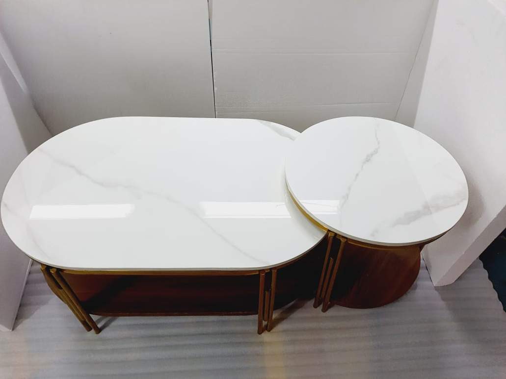 Set of 2 Stainless Steel Oval Shape Centre Table, White and Gold