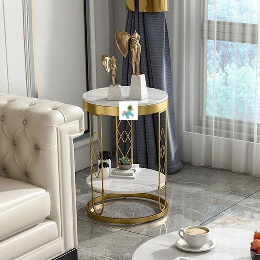 PC Home Decor | Steel Side Table 2 Marble Top, White and Gold