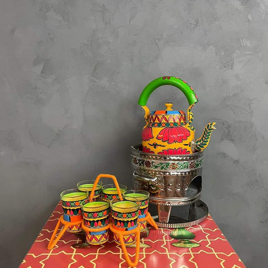 PC Home Decor | Hand Painted Indian Tea Kettle Set with 6 Glasses, Blue and Red, Orange and Green
