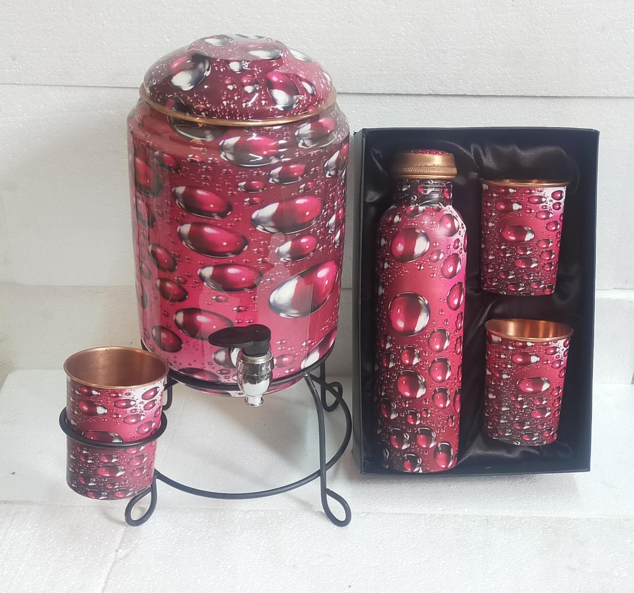 Set of 6 Handpainted Copper Water Tank Bottle and Glass Set, Red and White