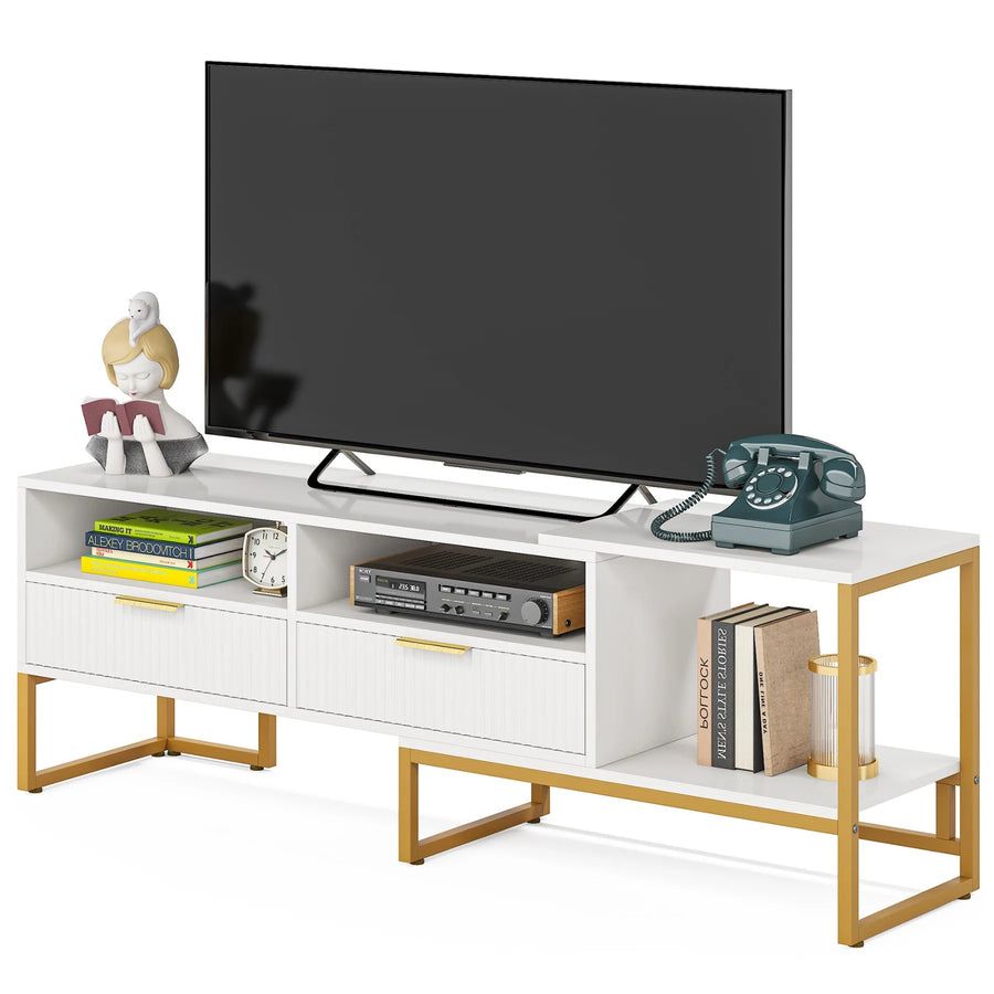 TV Cabinet | SS TV Stand | TV Unit Rectangular White Color Two Drawer Gold Finish