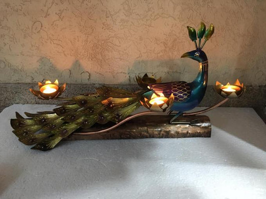 PC Home Decor | Metal Peacock Table Light, Brown and Green